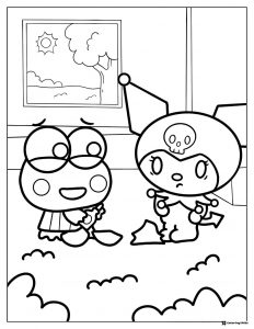 Kuromi and Keroppi Sitting with Nature Background Coloring Page