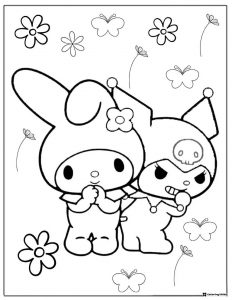 Kuromi and My Melody Coloring Page with Flowers and Butterflies