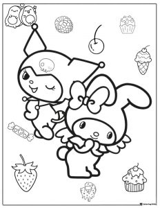 Kuromi and My Melody Coloring Page with Sweets and Fruit