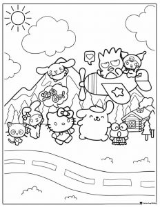 Kuromi and Sanrio Friends Flying a Plane in Mountains Coloring Page