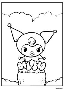 Kuromi sitting on a cloud coloring sheet