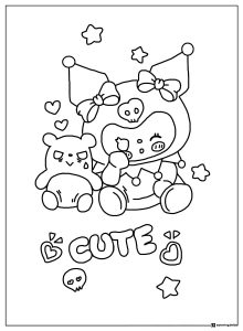 Kuromi with bows bear and Cute text coloring page
