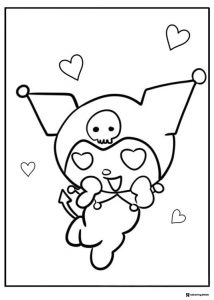 Kuromi with heart eyes and floating hearts coloring page