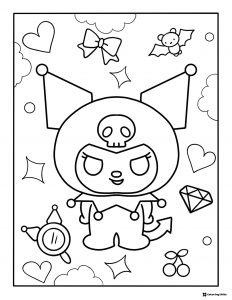 Kuromi with hearts bat and bow coloring page