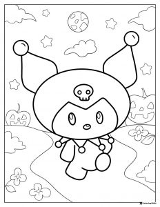 Kuromi with pumpkins and bats Halloween coloring page
