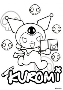Kuromi with spellbook and skulls coloring page
