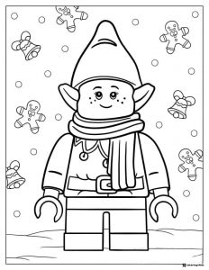 Lego Elf Coloring Page with Gingerbread Men and Bells