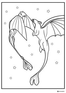 Light Fury and Toothless flying with stars coloring page