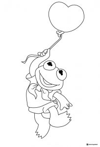 Little Frog Coloring Page floating with a heart balloon