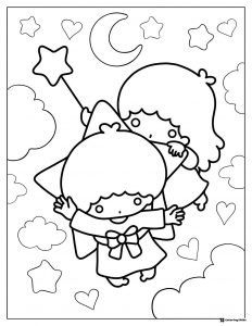 Little Twin Stars flying with a magic wand coloring page