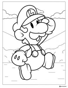 Luigi mid jump with clouds coloring page