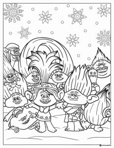 Many Trolls characters and snowflakes coloring page