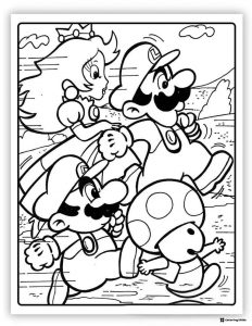 Mario Luigi Peach Toad Running Coloring Page
