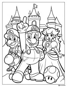 Mario Luigi Peach and Toad in front of castle coloring page