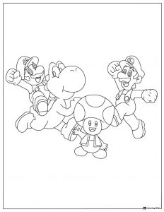 Mario Luigi Yoshi Toad Running Coloring Page
