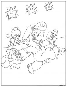 Mario Luigi and Peach running with stars coloring page