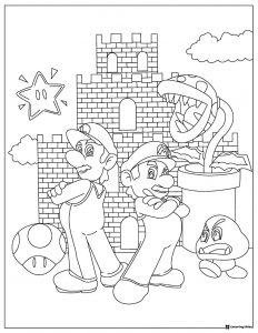 Mario and Luigi by castle with Piranha Plant coloring