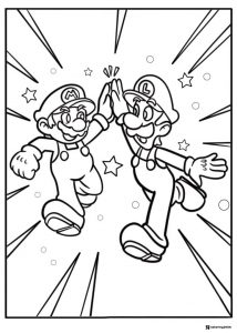 Mario and Luigi high fiving with stars coloring page