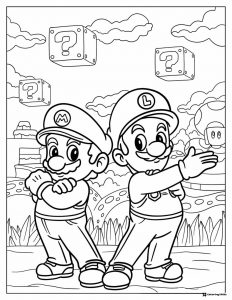 Mario and Luigi in Mushroom Kingdom coloring sheet