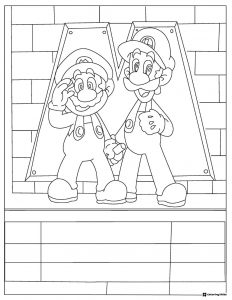 Mario and Luigi in front of M blocks coloring page