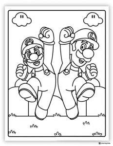 Mario and Luigi jumping with clouds coloring page