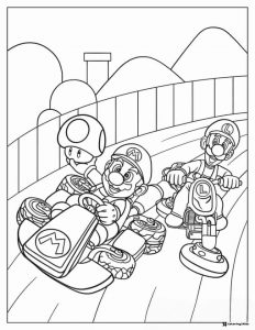 Mario and Luigi kart racing with mushroom coloring page
