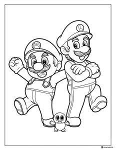 Mario and Luigi posing coloring page with a Goomba