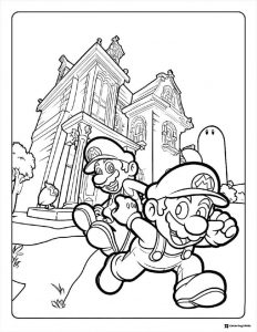 Mario and Luigi running from ghost house coloring page