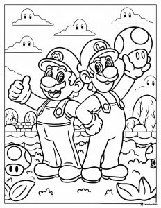 Mario and Luigi with mushrooms in landscape coloring page