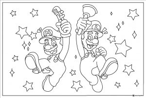 Mario and Luigi with tools and stars coloring page