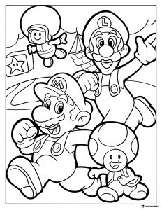 Mario characters and Toad in a landscape coloring page