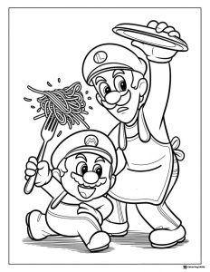 Mario eating spaghetti Luigi holding tray coloring page