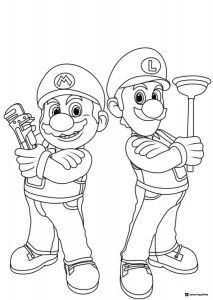 Mario with wrench and Luigi with plunger coloring sheet