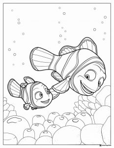 Marlin and Nemo Coloring Page swimming together among rocks