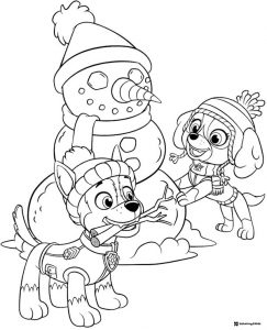 Marshall and Everest Playing in Snow Coloring Sheet