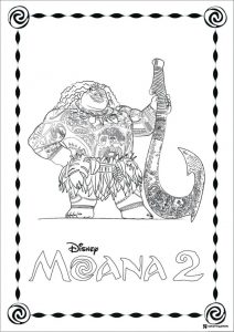 Maui Coloring Page with Fish Hook and Moana 2 Title