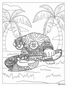 Maui with Magical Hook Coloring Page under Palm Trees