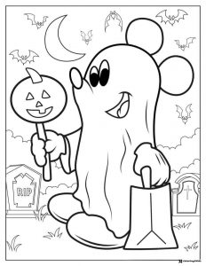 Mickey Mouse Ghost Coloring Page with Pumpkin Lollipop