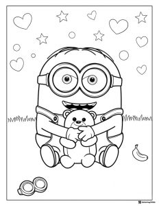 Minion Bob Coloring Page Holding Teddy Bear