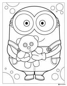 Minion Coloring Page Holding Teddy Bear
