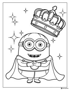 Minion Coloring Page with Floating Crown and Sparkles
