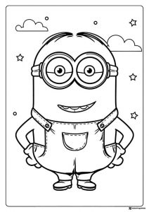Minion Coloring Page with Stars and Clouds