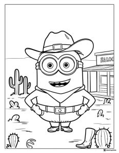 Minion Cowboy Coloring Page with Cactus and Saloon