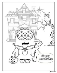 Minion Halloween Coloring Page with Haunted House