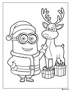 Minion Santa with reindeer and gifts coloring page