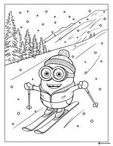 Minion Skiing in Snow Coloring Page