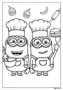 Minion chefs cooking with pastries coloring sheet