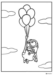Minion flying with balloons coloring sheet