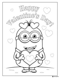 Minion holding heart Happy Valentines Day coloring page