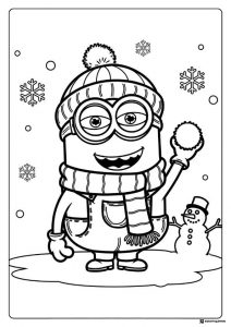 Minion in Winter Outfit with Snowball Coloring Page
